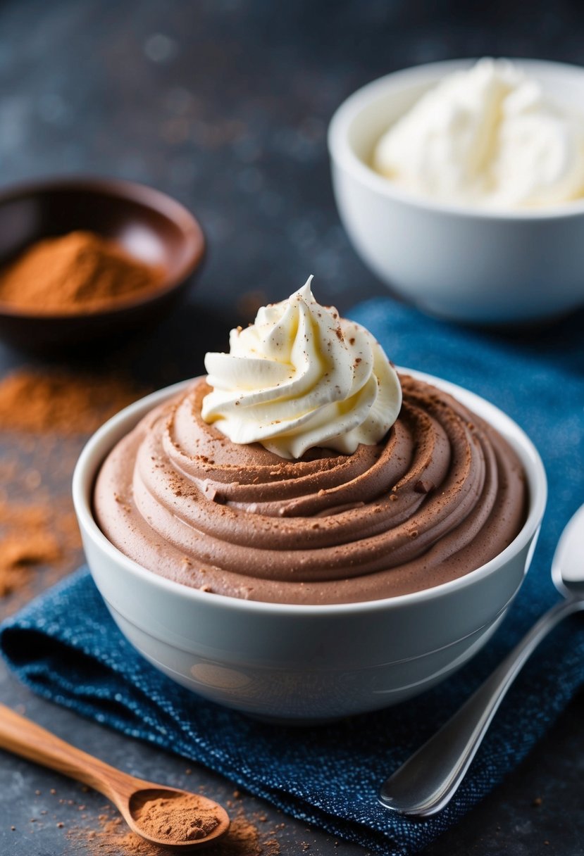 A bowl of creamy chocolate Greek yogurt mousse topped with a dollop of whipped cream and a sprinkle of cocoa powder