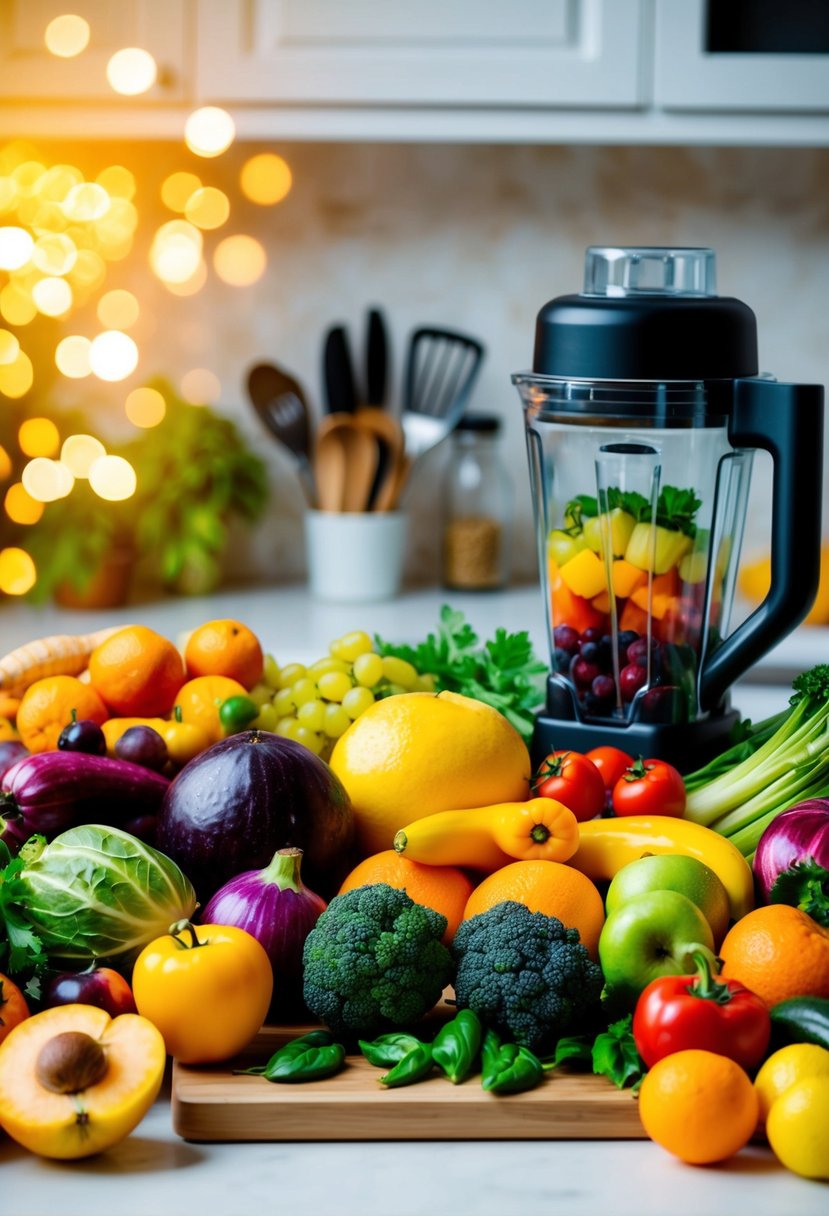 A variety of colorful fruits and vegetables arranged on a cutting board, surrounded by kitchen utensils and a blender