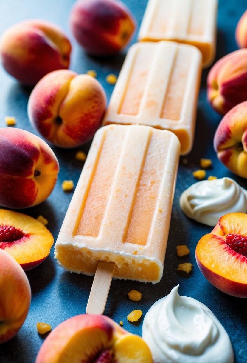 A row of peach yogurt popsicles surrounded by fresh peaches and a dollop of greek yogurt