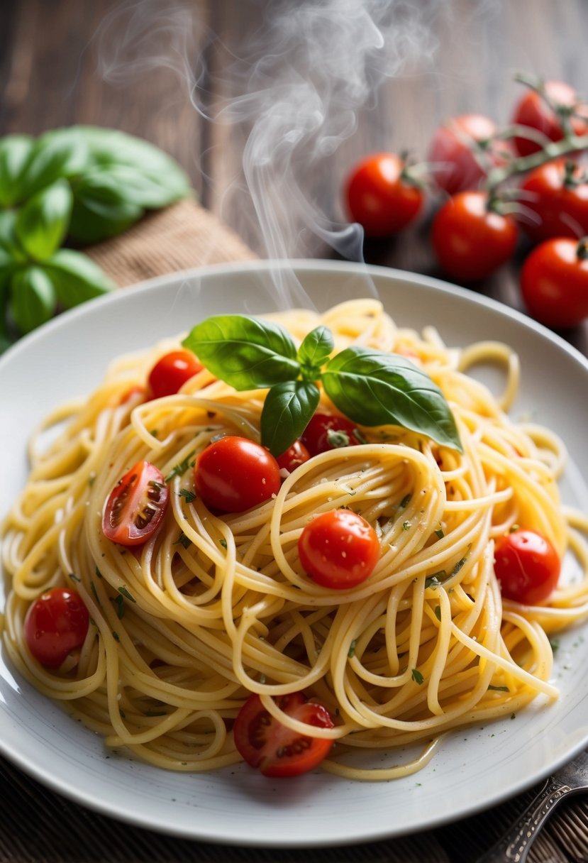 A steaming plate of angel hair pasta with fresh basil and cherry tomatoes