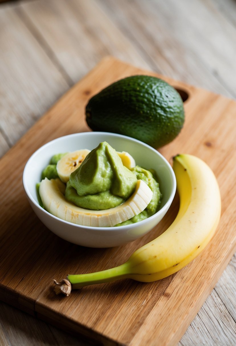 A ripe avocado and banana sit on a wooden cutting board, ready to be mashed together into a smooth puree