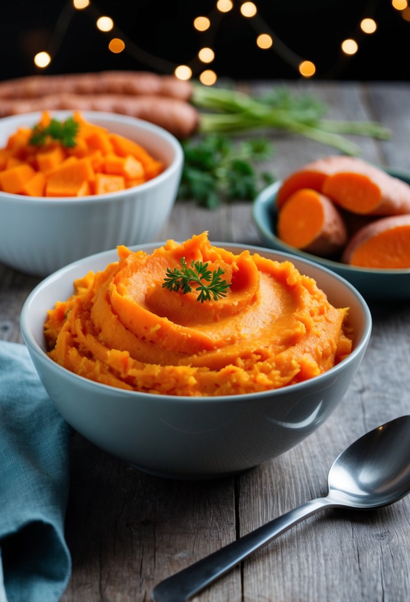 A bowl of mashed carrots and sweet potatoes, with a spoon beside it