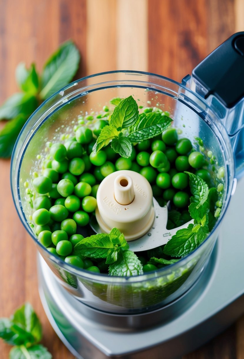 Fresh peas and mint leaves being blended together in a food processor