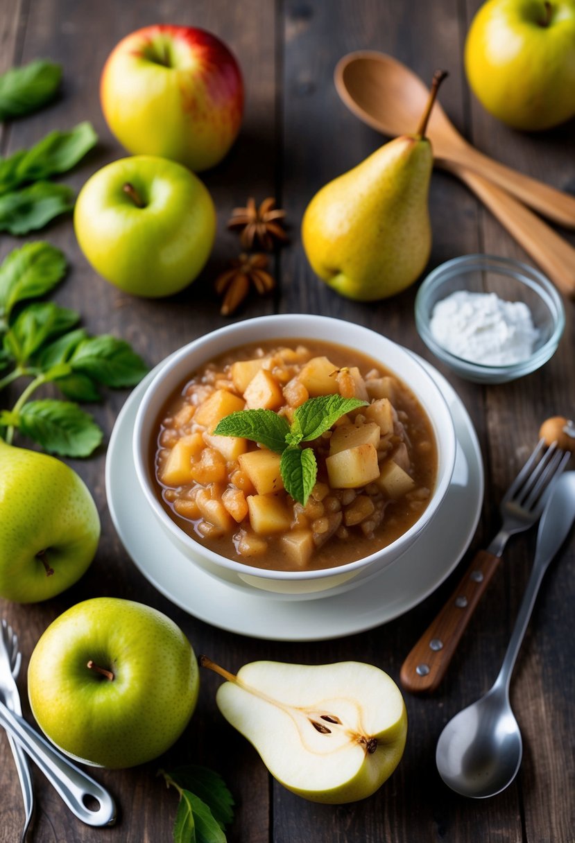 A bowl of homemade apple and pear sauce surrounded by fresh fruits and cooking utensils