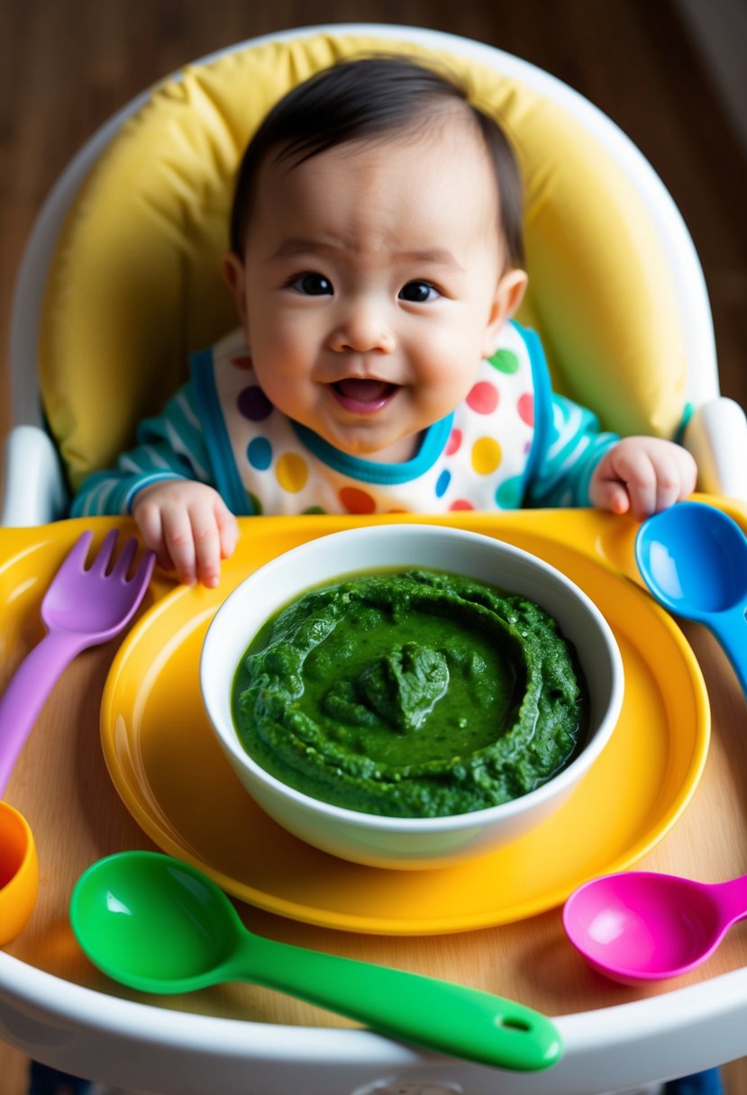 A bowl of pureed spinach and apple sits on a high chair tray, surrounded by colorful baby feeding utensils and a happy, eager baby