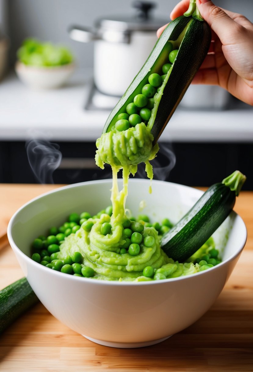 Fresh zucchinis and peas being steamed and mashed together in a bowl, ready to be pureed into baby food