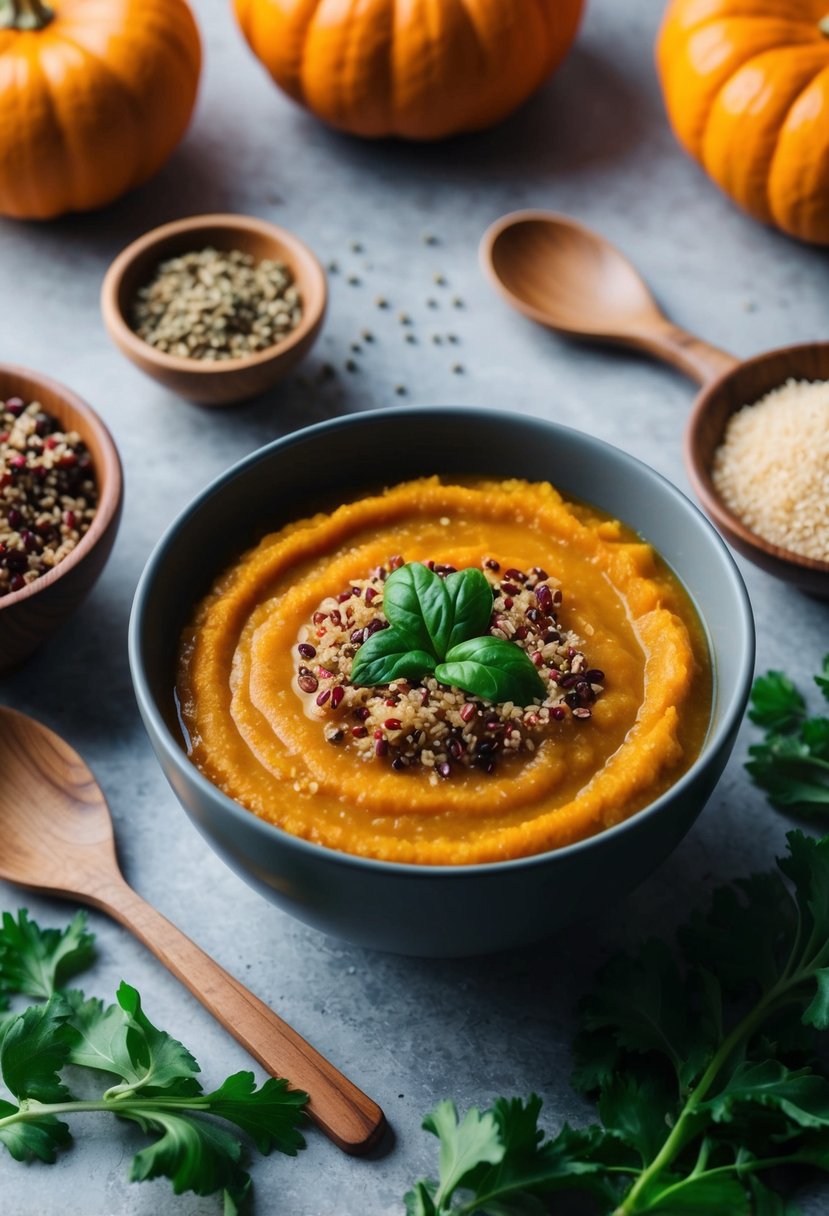 A bowl of pumpkin and quinoa blend baby food surrounded by fresh ingredients