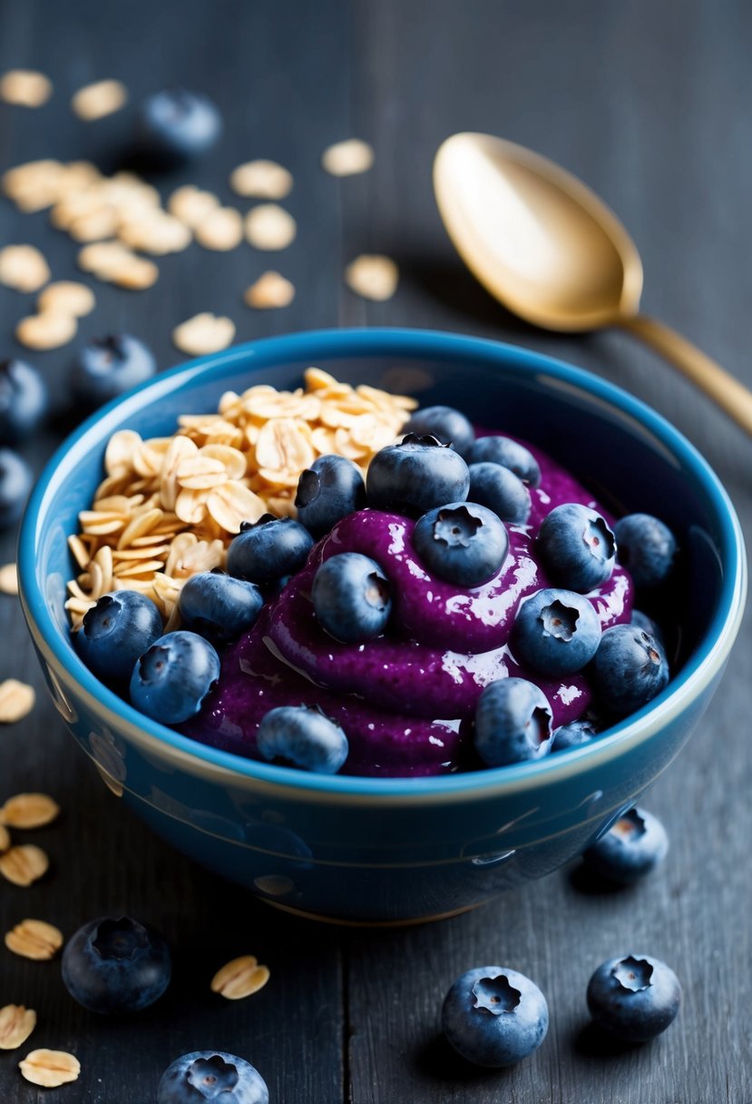 A bowl of blueberries and oats being blended together into a smooth puree