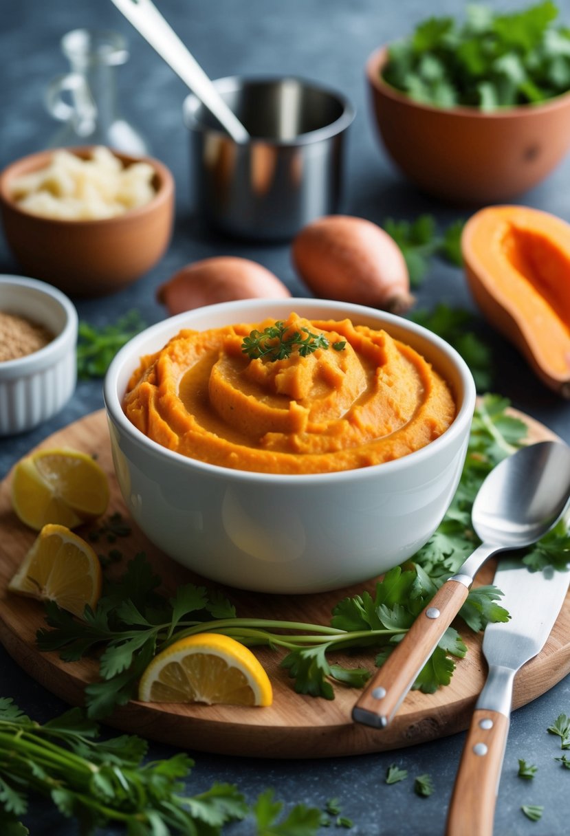 A bowl of homemade chicken and sweet potato puree surrounded by fresh ingredients and cooking utensils