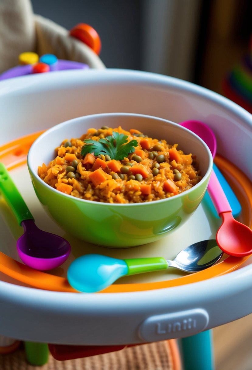 A bowl of lentil and carrot mash sits on a high chair tray, surrounded by colorful baby utensils and a spoon