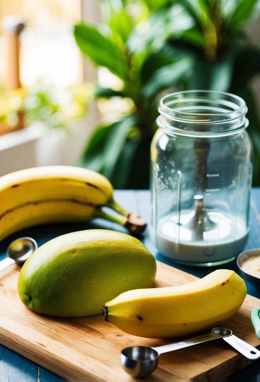 A ripe mango and banana sit on a wooden cutting board, surrounded by a blender, measuring spoons, and a glass jar