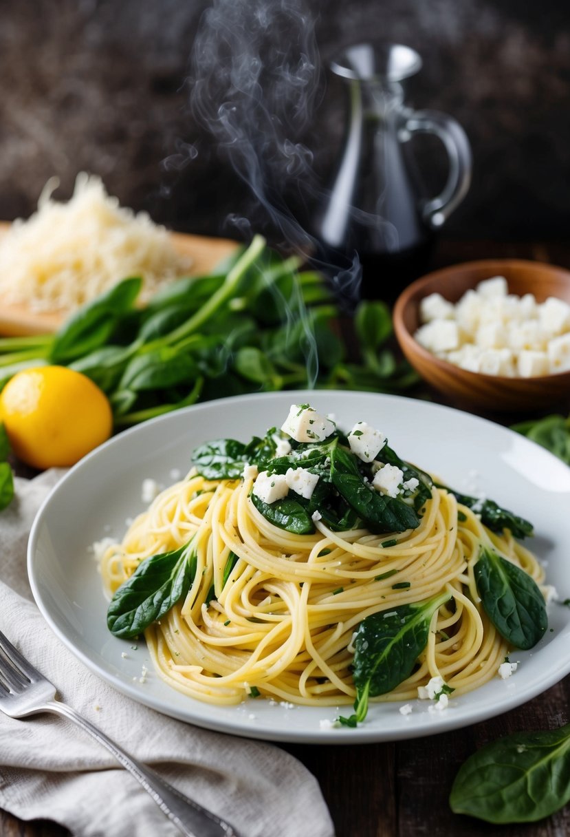 A steaming plate of angel hair pasta topped with spinach and feta, surrounded by fresh ingredients and a rustic kitchen backdrop