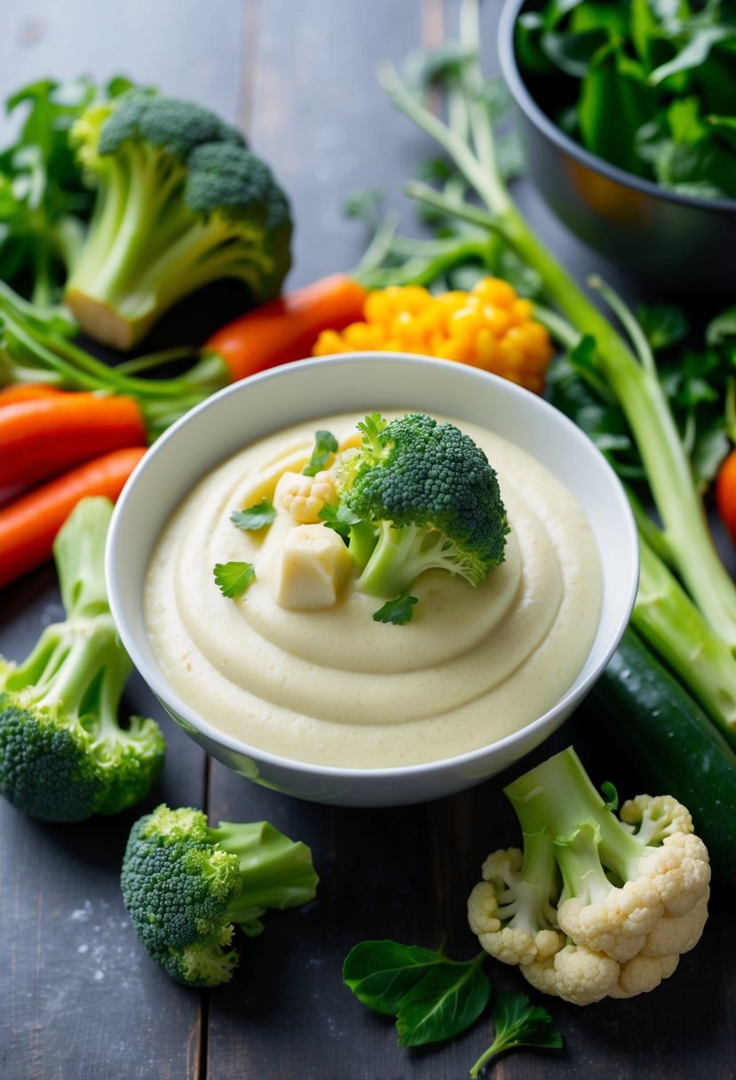 A bowl of creamy broccoli and cauliflower puree surrounded by fresh vegetables