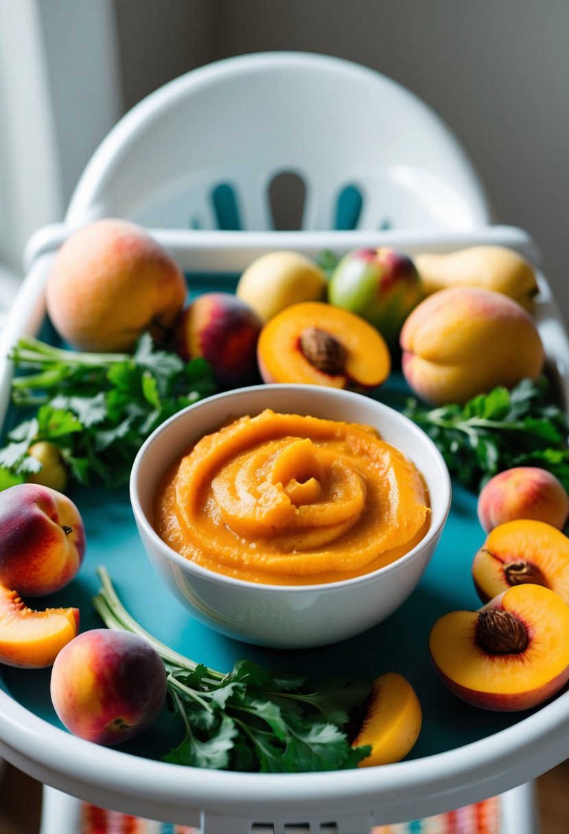 A bowl of butternut squash and peach puree sits on a high chair tray, surrounded by fresh fruits and vegetables