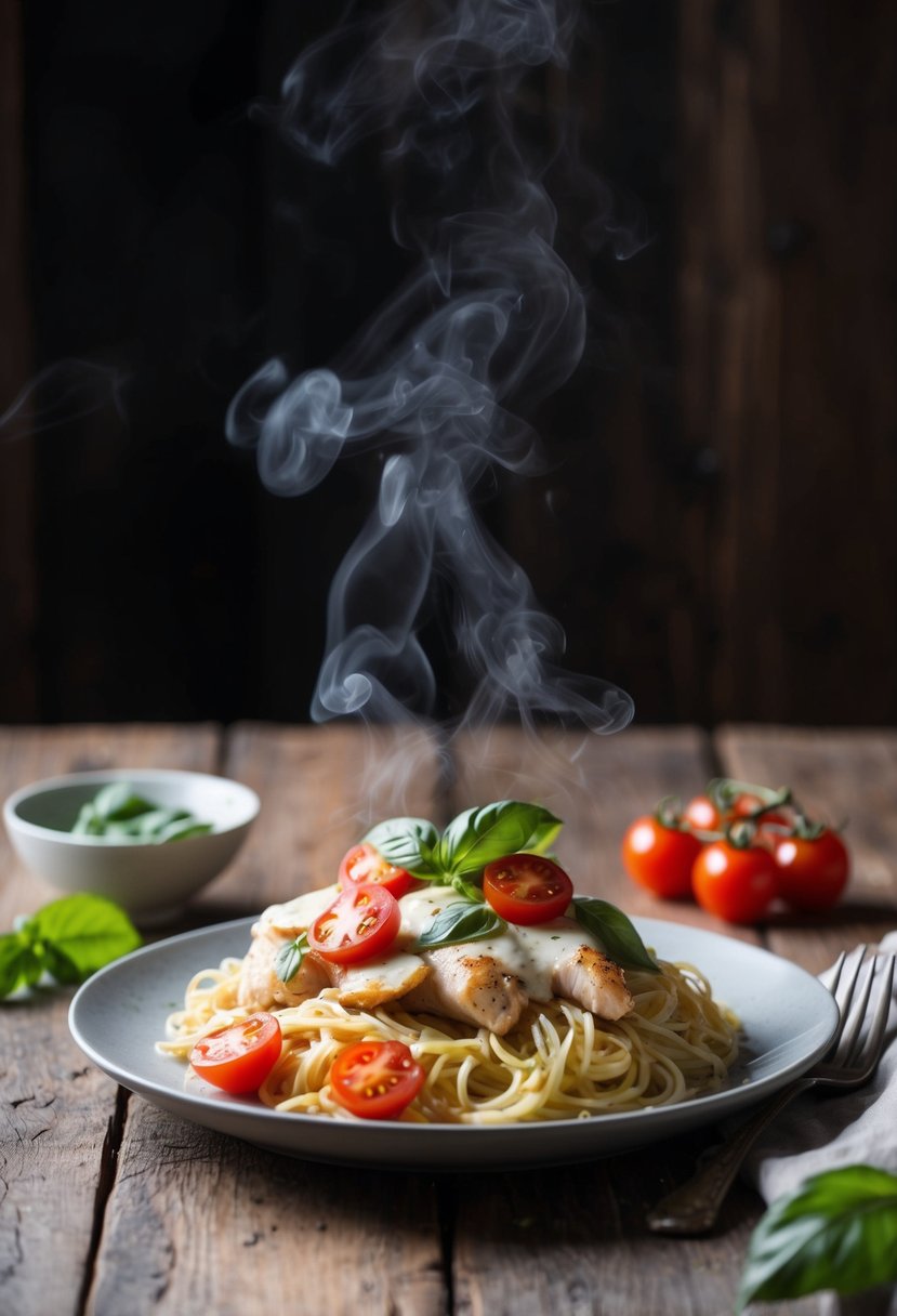 A steaming plate of Caprese Angel Hair with Chicken on a rustic wooden table, garnished with fresh basil and cherry tomatoes