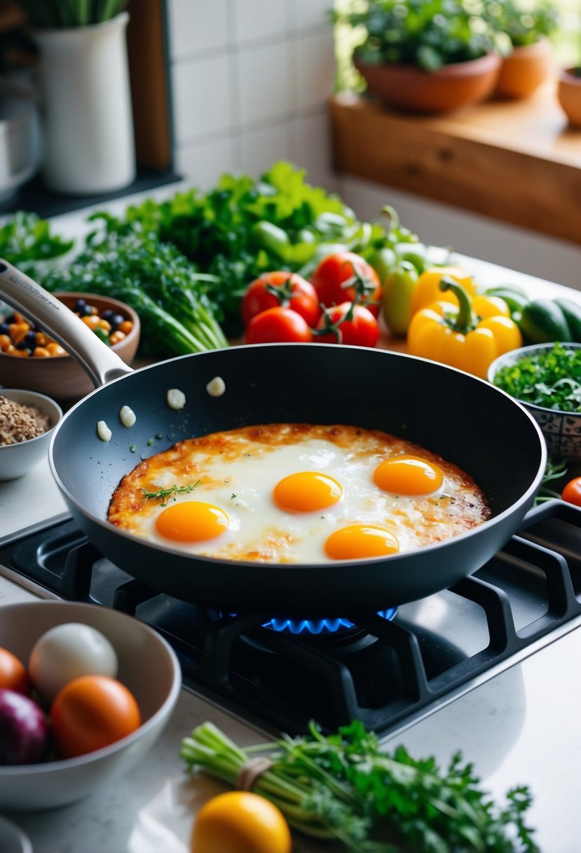 A sunny kitchen with a pan sizzling with eggs, surrounded by colorful vegetables, herbs, and a variety of breakfast ingredients