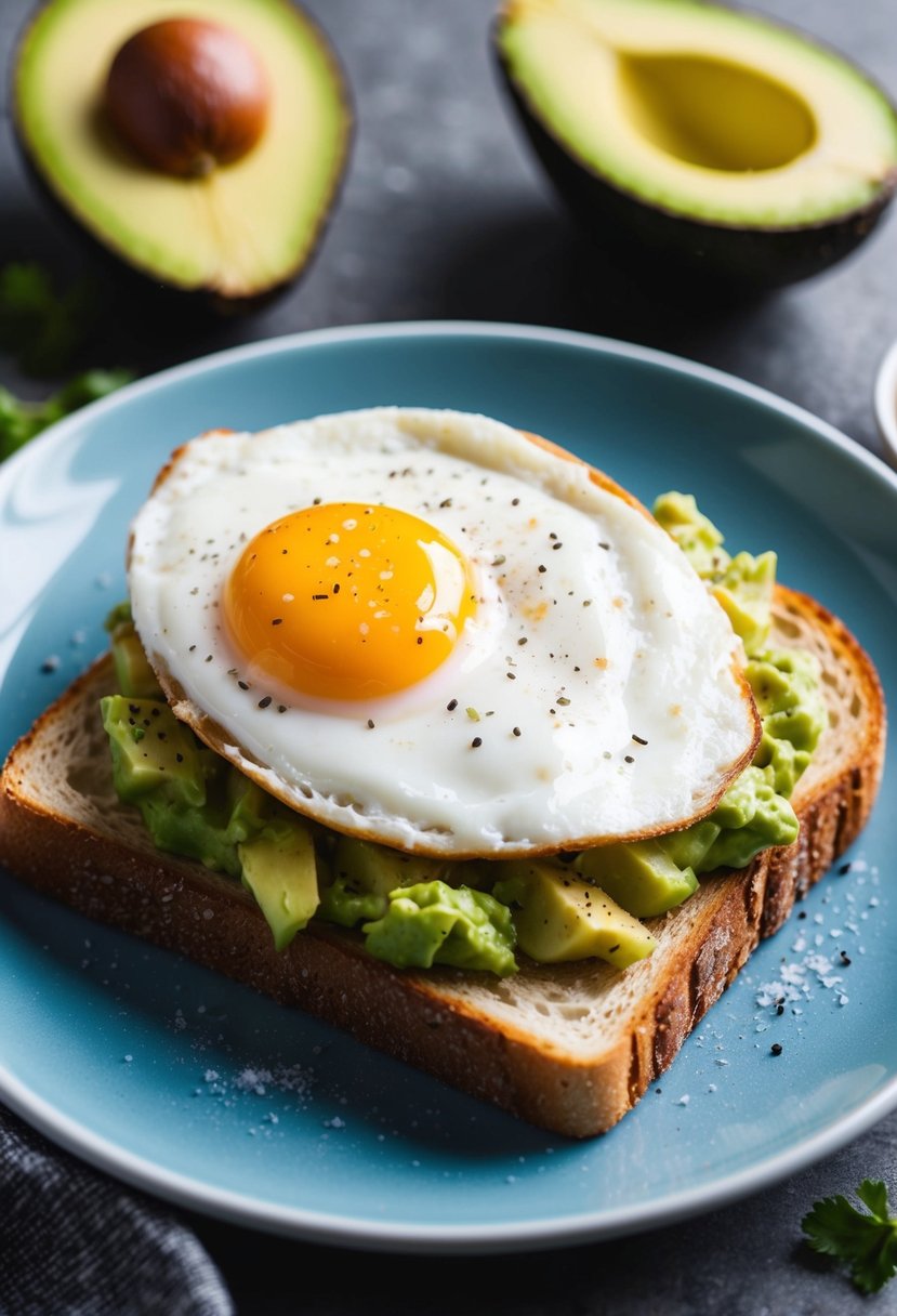 A slice of toast topped with mashed avocado and a fried egg, sprinkled with salt and pepper, surrounded by a few avocado pits