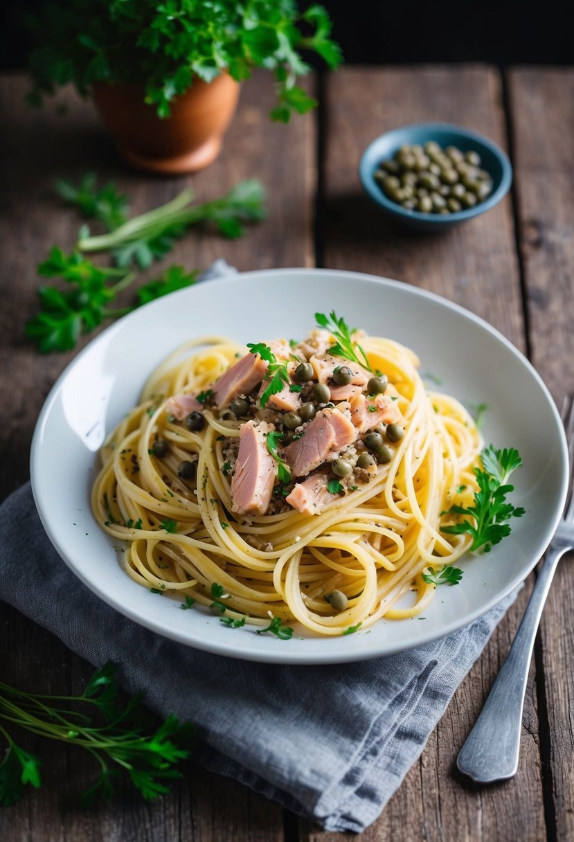 A plate of angel hair pasta with tuna and capers, garnished with fresh herbs, sits on a rustic wooden table