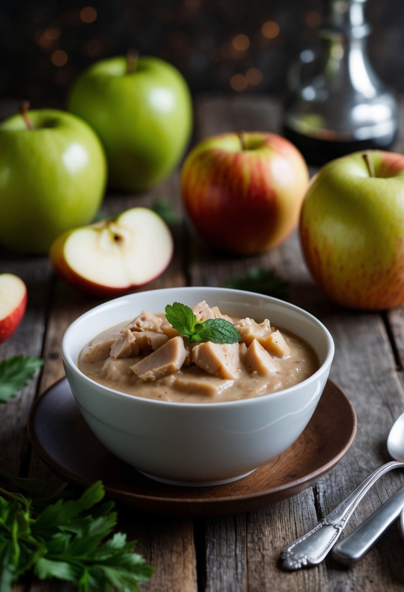 A bowl of turkey and apple puree surrounded by fresh ingredients