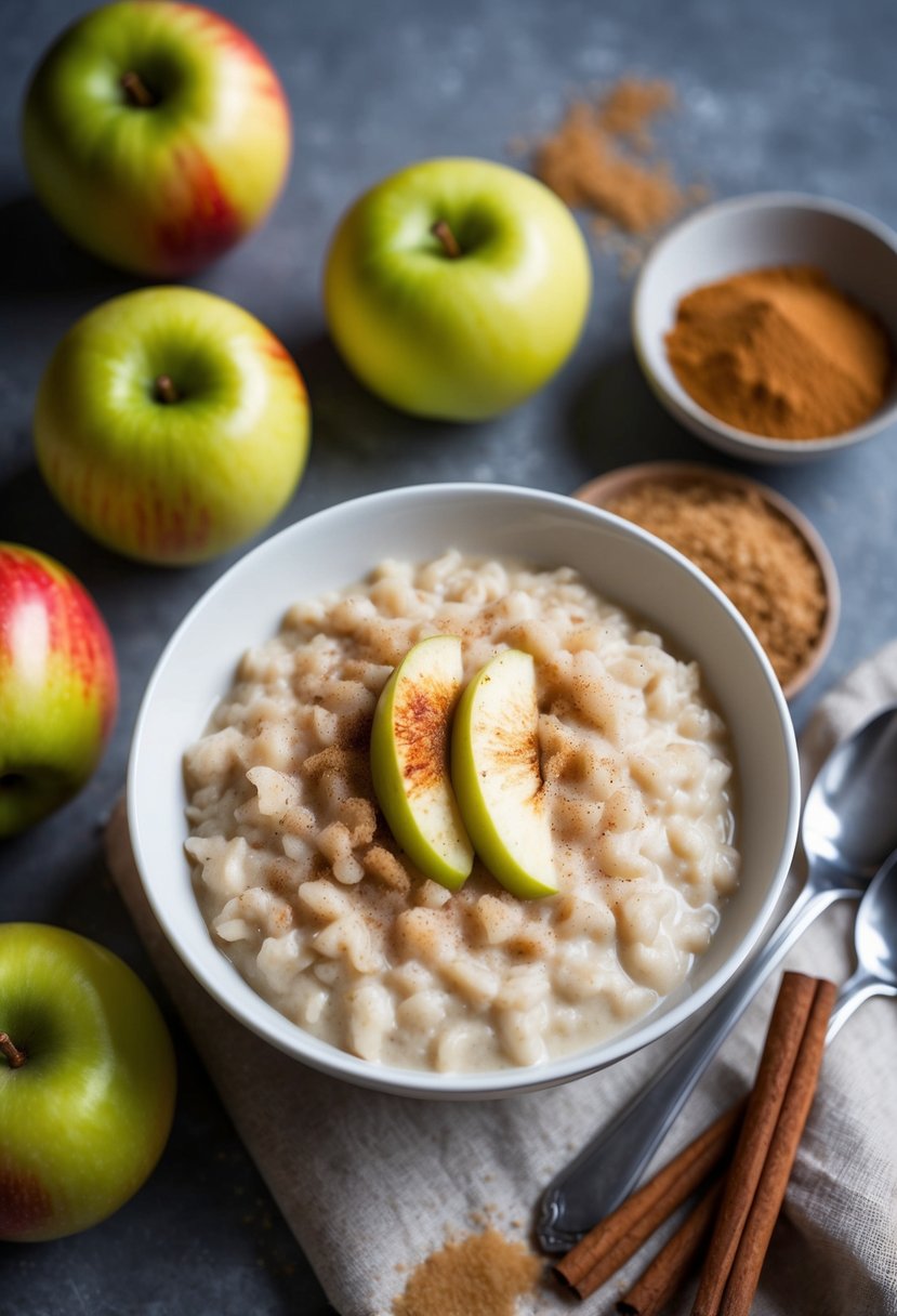 A bowl of creamy rice and apple porridge surrounded by fresh apples and a sprinkle of cinnamon