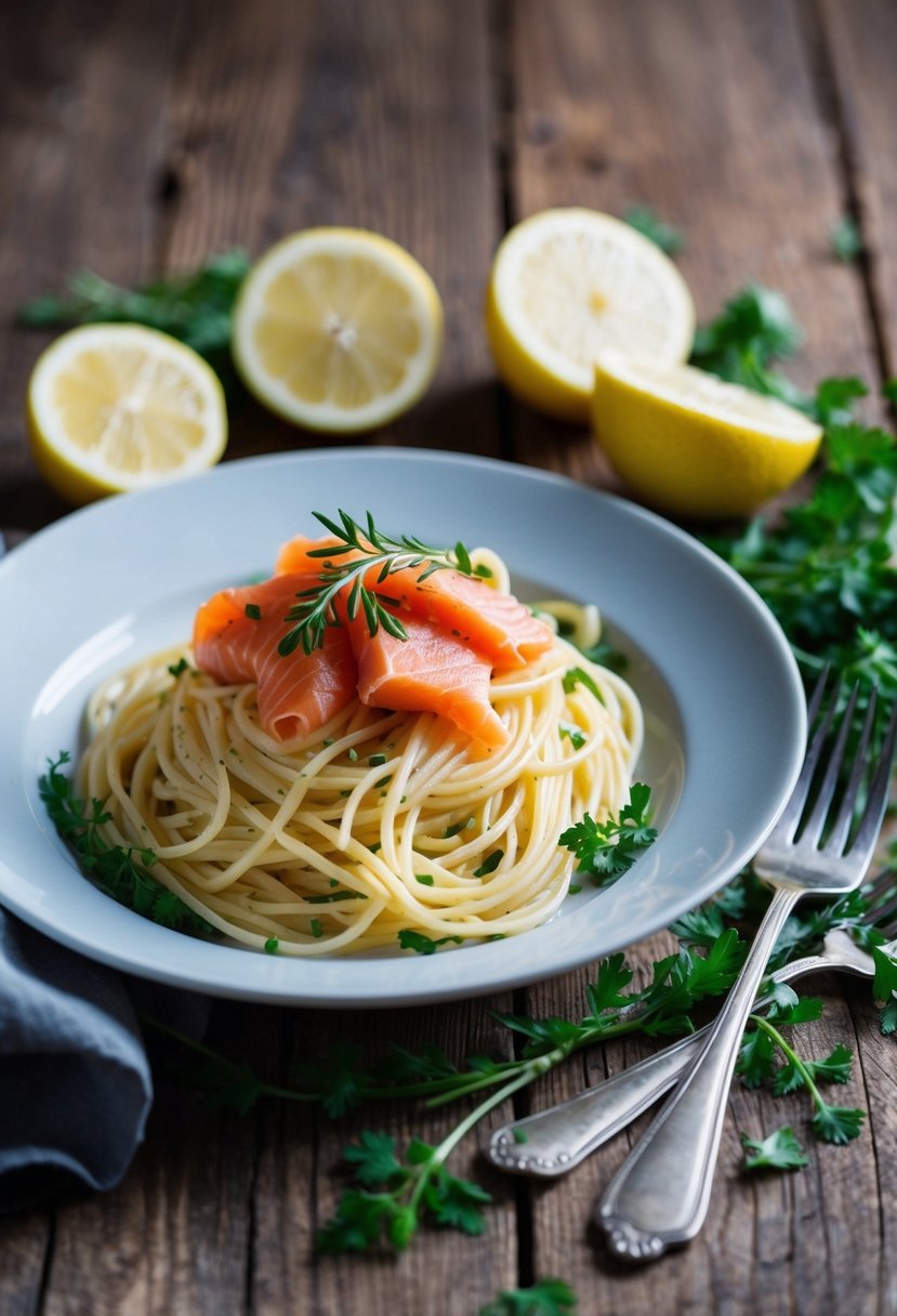 A plate of angel hair pasta topped with smoked salmon, surrounded by fresh herbs and lemon slices on a rustic wooden table