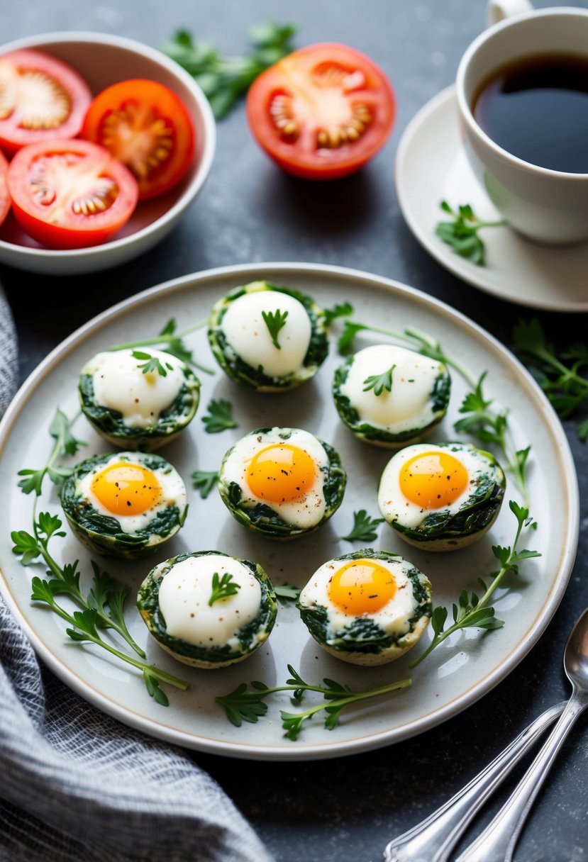 A plate of Spinach and Feta Egg Bites surrounded by fresh herbs and accompanied by a side of sliced tomatoes and a cup of hot coffee