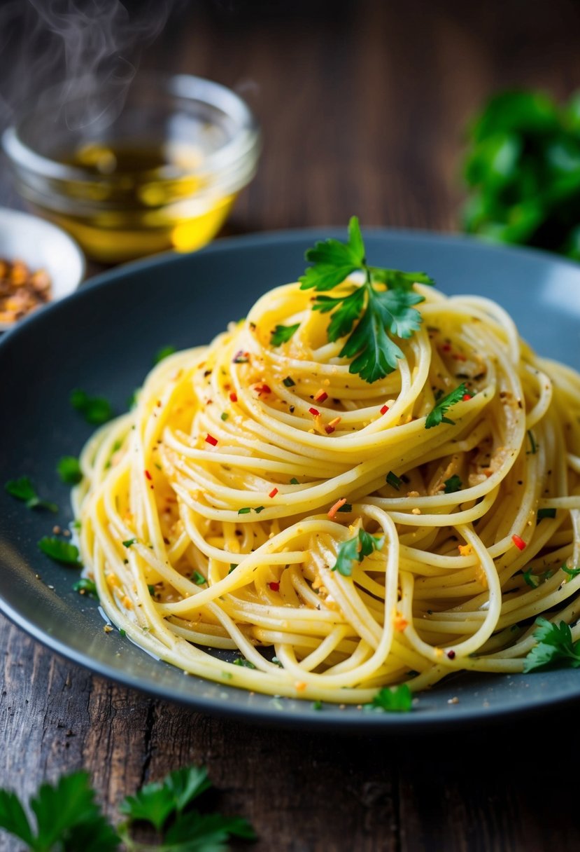 A steaming plate of angel hair pasta coated in olive oil, garlic, and red pepper flakes, garnished with fresh parsley