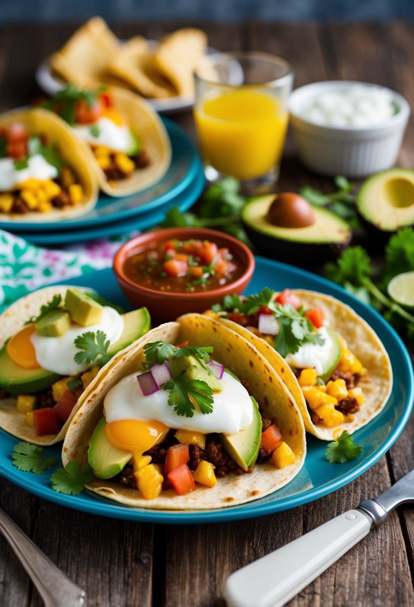 A colorful spread of breakfast tacos with eggs, salsa, avocado, and cilantro on a rustic wooden table