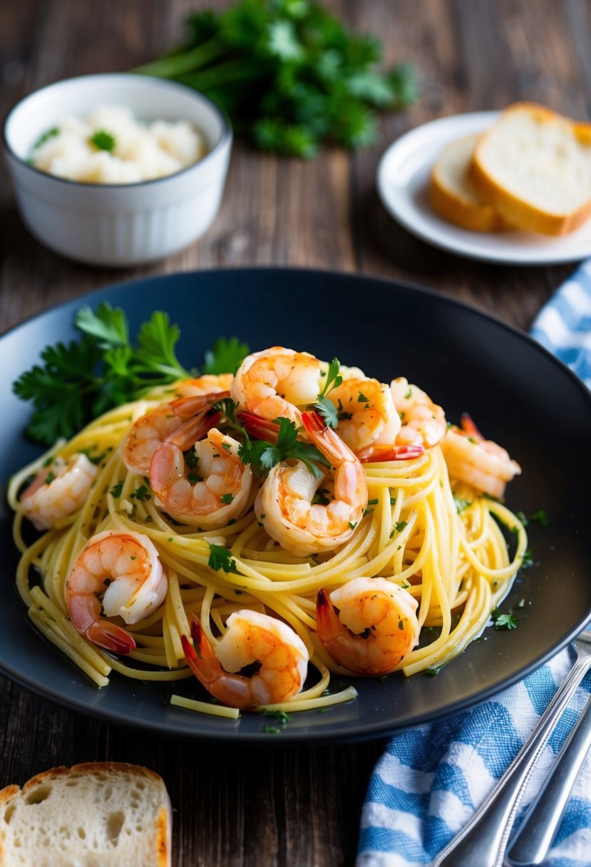 A steaming plate of shrimp scampi with angel hair pasta, garnished with fresh parsley and served with a side of garlic bread