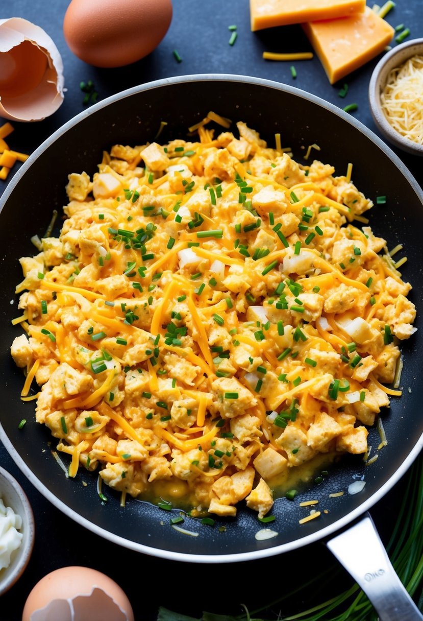 A sizzling pan of scrambled eggs mixed with cheddar and chives, surrounded by fresh ingredients like eggs, cheese, and herbs