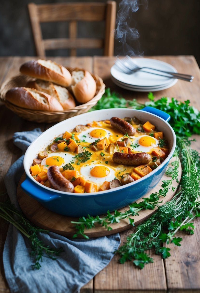 A rustic kitchen table set with a steaming casserole dish filled with baked eggs, sausage, and colorful vegetables, surrounded by fresh herbs and a basket of crusty bread