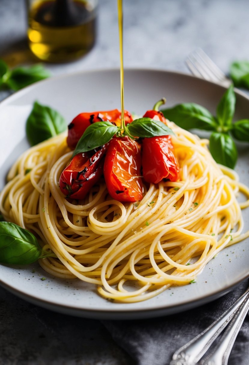 A plate of angel hair pasta topped with roasted red peppers and a drizzle of olive oil, garnished with fresh basil leaves