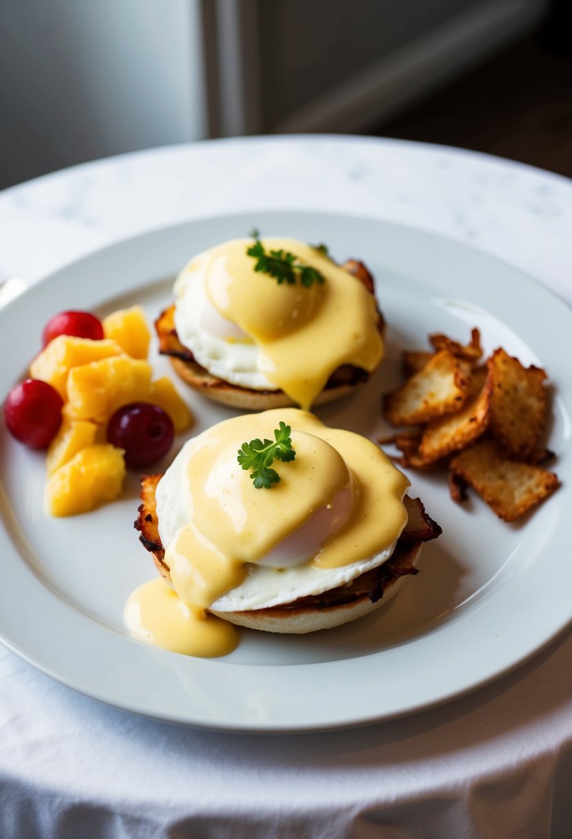 A plate of Eggs Benedict with Hollandaise sauce, accompanied by a side of crispy hashbrowns and fresh fruit, sits on a white tablecloth