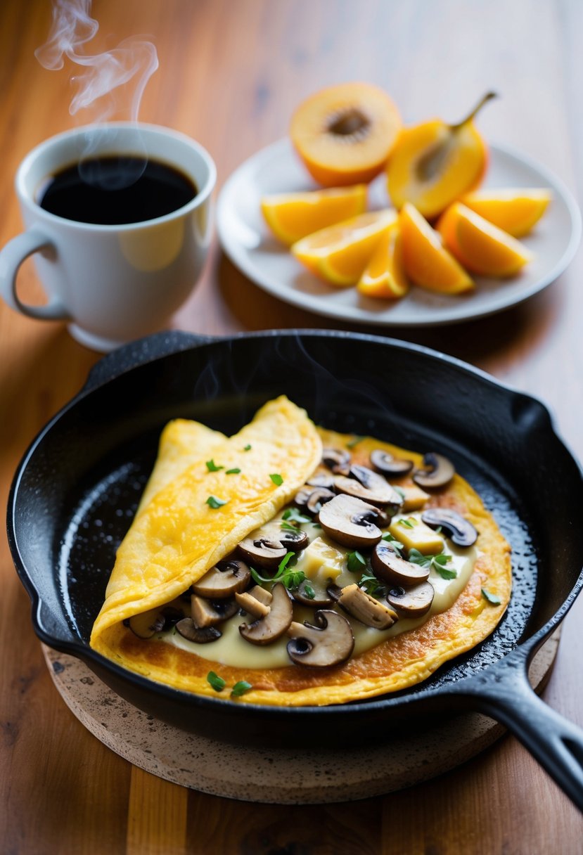 A sizzling skillet holds a golden-brown omelet filled with sautéed mushrooms and melted Swiss cheese, accompanied by a side of fresh fruit and a steaming cup of coffee