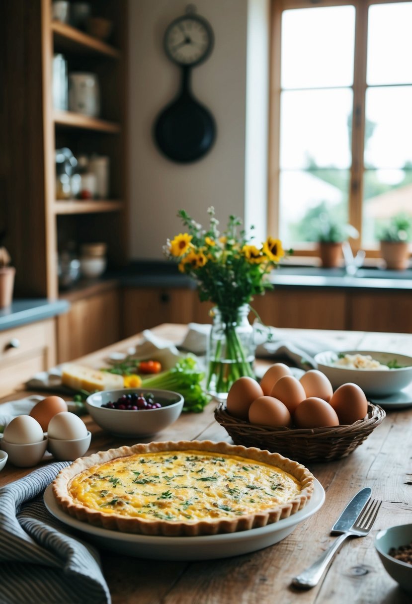 A rustic kitchen table set with a freshly baked quiche Lorraine, a basket of eggs, and a variety of ingredients for breakfast