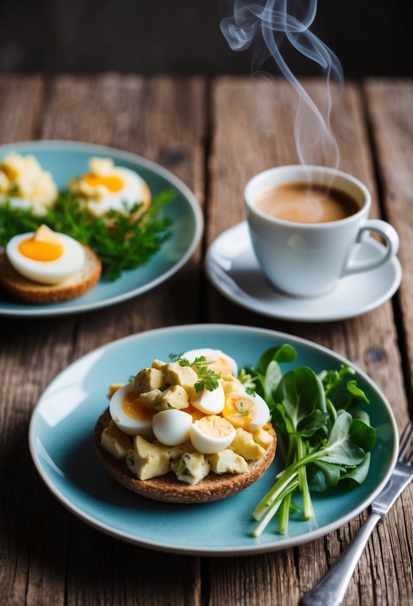 A rustic wooden table set with a plate of classic egg salad, accompanied by a side of fresh greens and a cup of steaming hot coffee