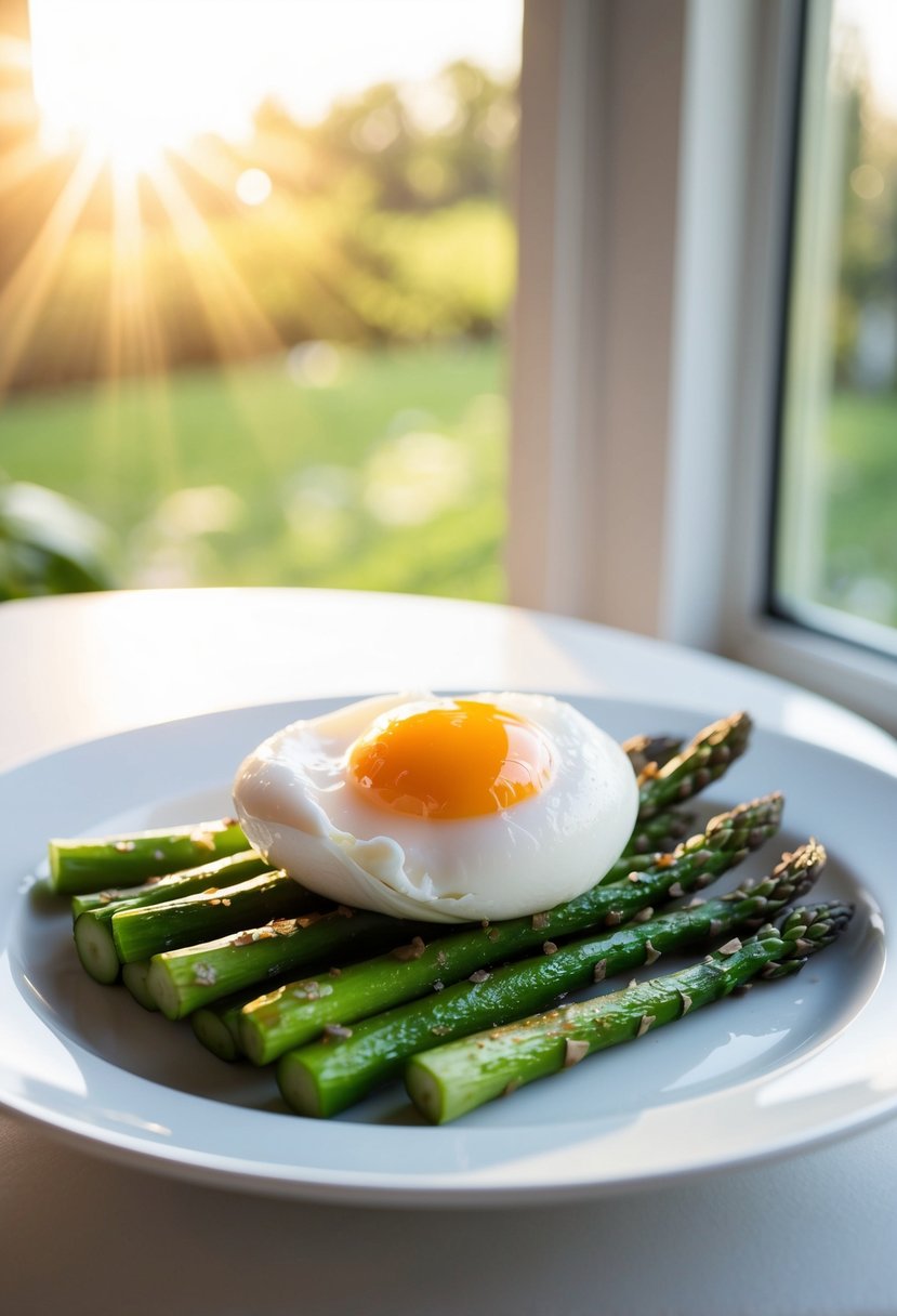 A poached egg sits atop a bed of grilled asparagus on a white plate. Sunlight streams through a window, casting a warm glow on the breakfast scene