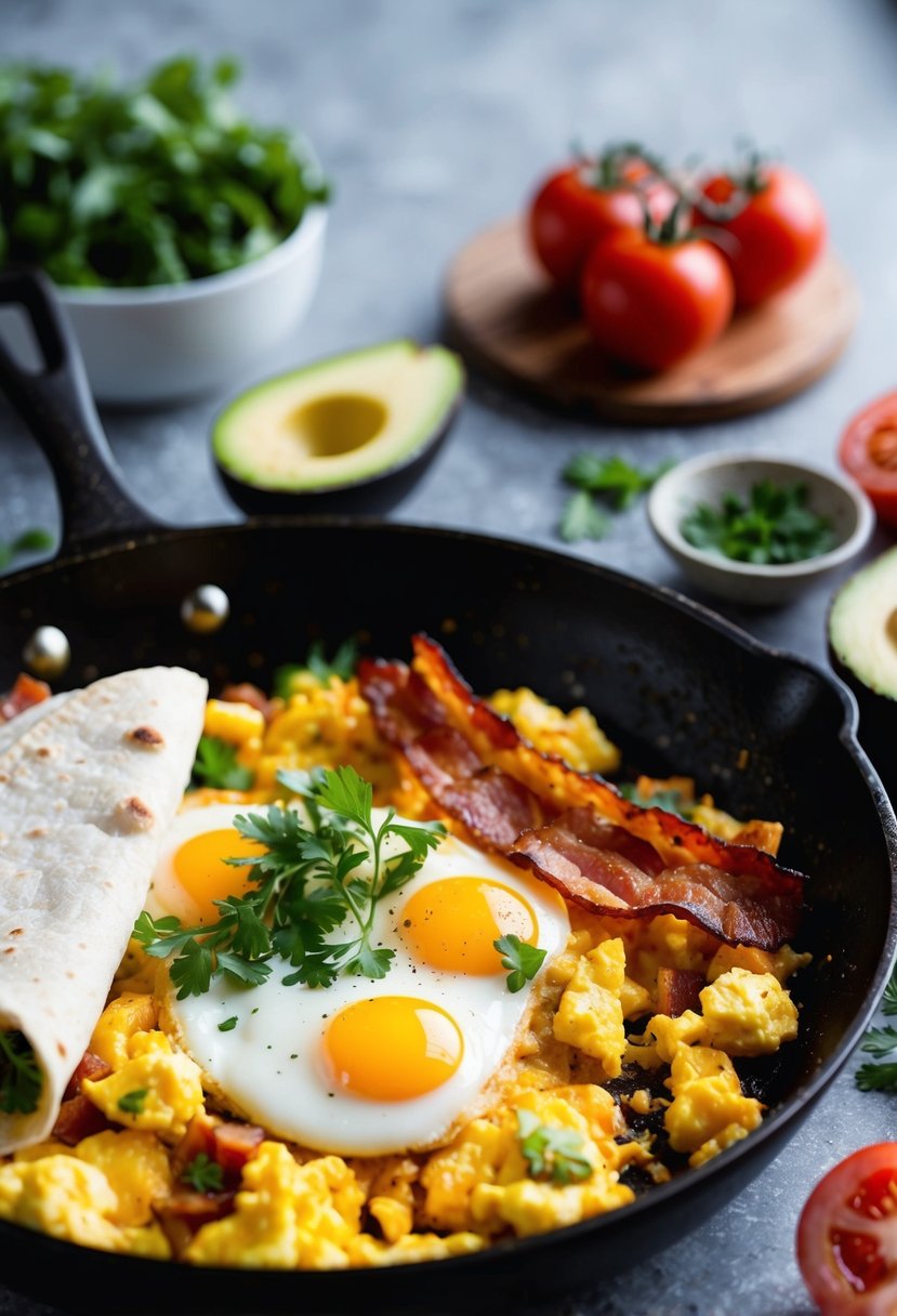 A sizzling skillet with scrambled eggs, crispy bacon, and a tortilla wrap, surrounded by fresh ingredients like tomatoes, avocado, and herbs