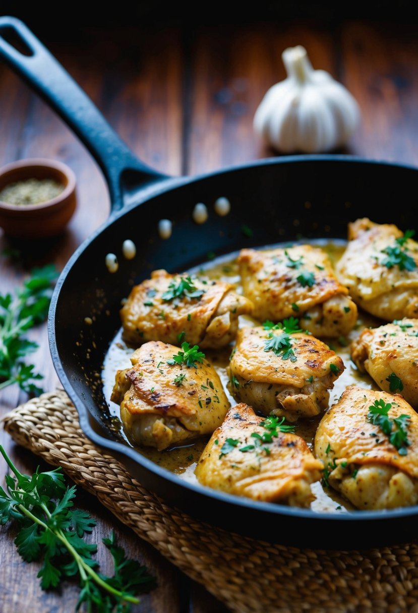 A sizzling skillet of garlic chicken with herbs and spices