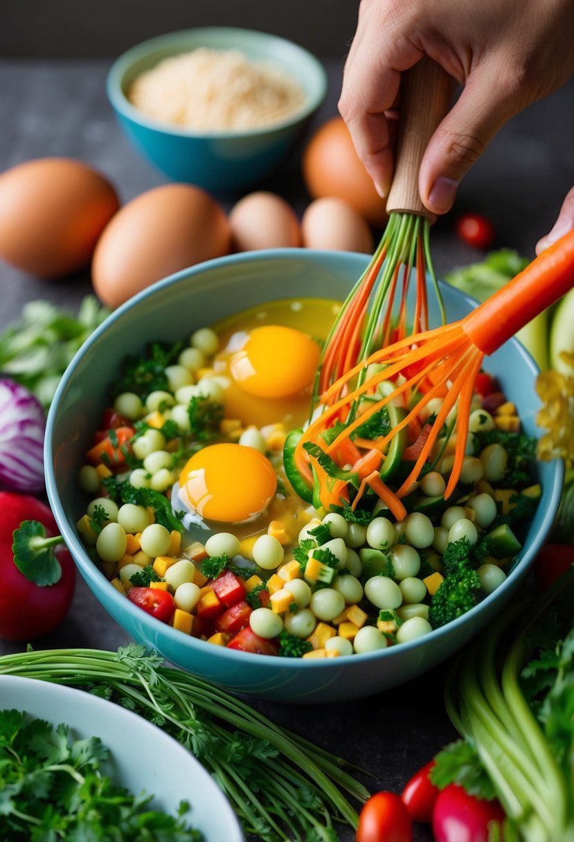 A colorful array of vegetables and eggs being mixed together in a bowl