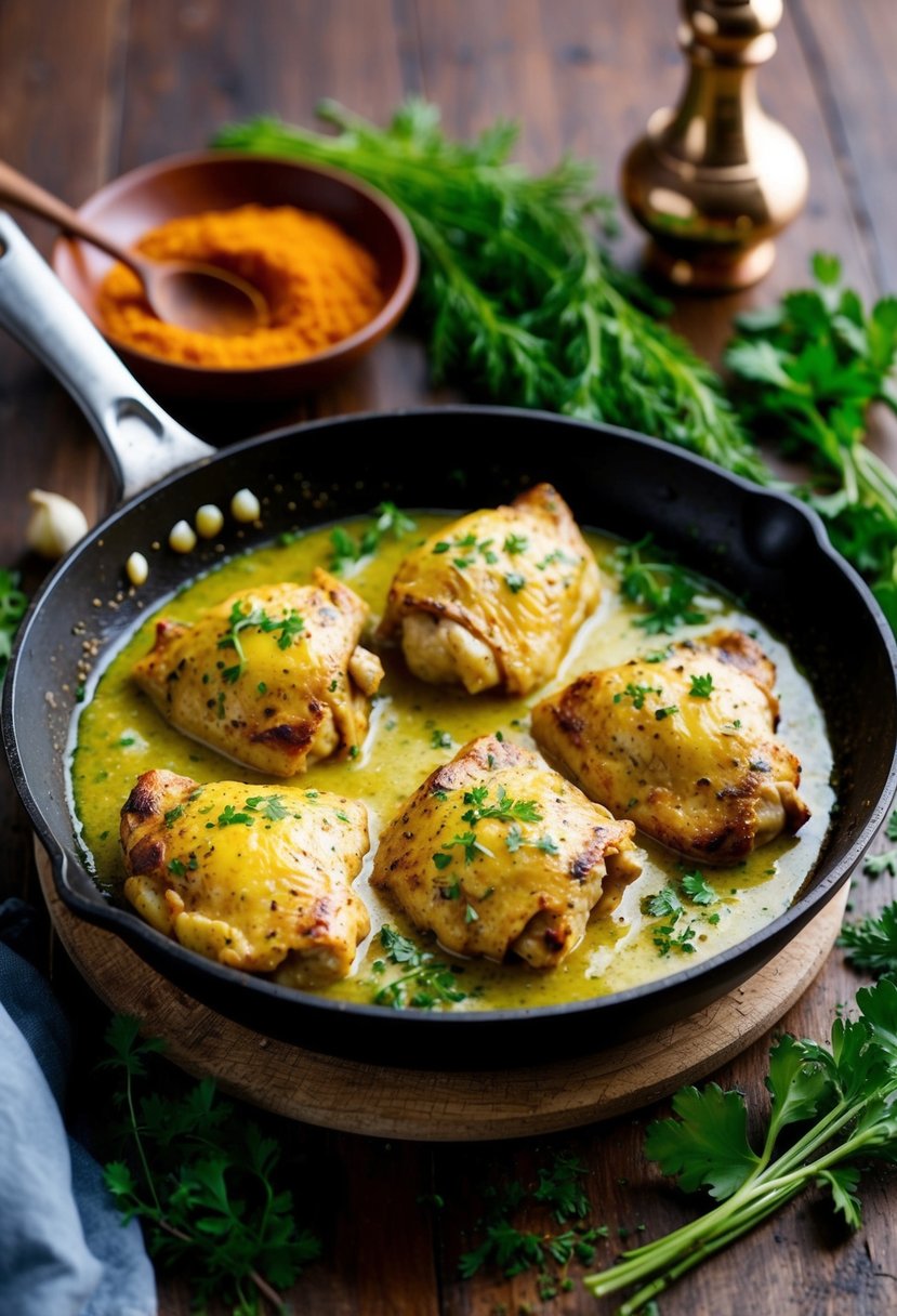 A sizzling skillet of garlic butter chicken, surrounded by fresh herbs and spices