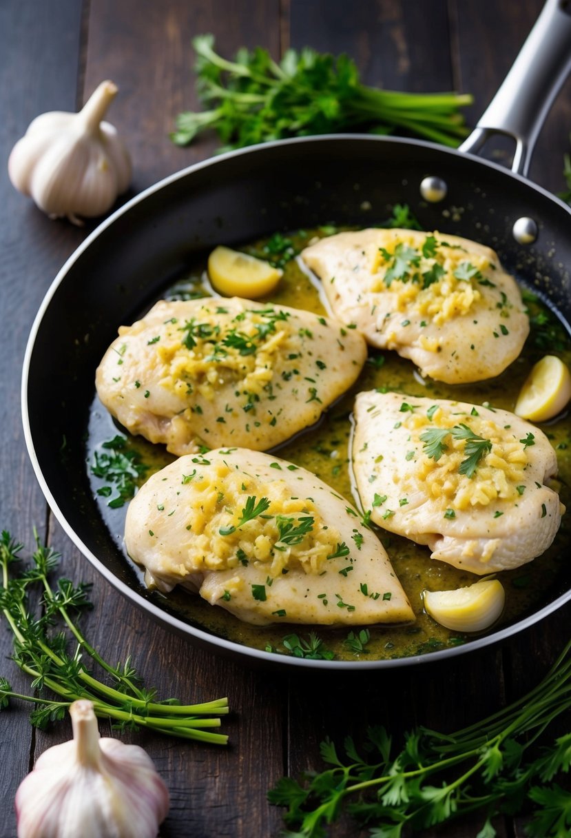 A sizzling skillet with creamy garlic-coated chicken breasts, surrounded by fresh herbs and garlic cloves