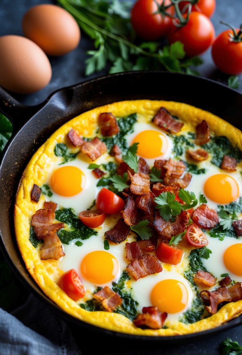 A sizzling frittata in a cast iron skillet, filled with crispy bacon and juicy tomato chunks, surrounded by fresh eggs and vibrant herbs