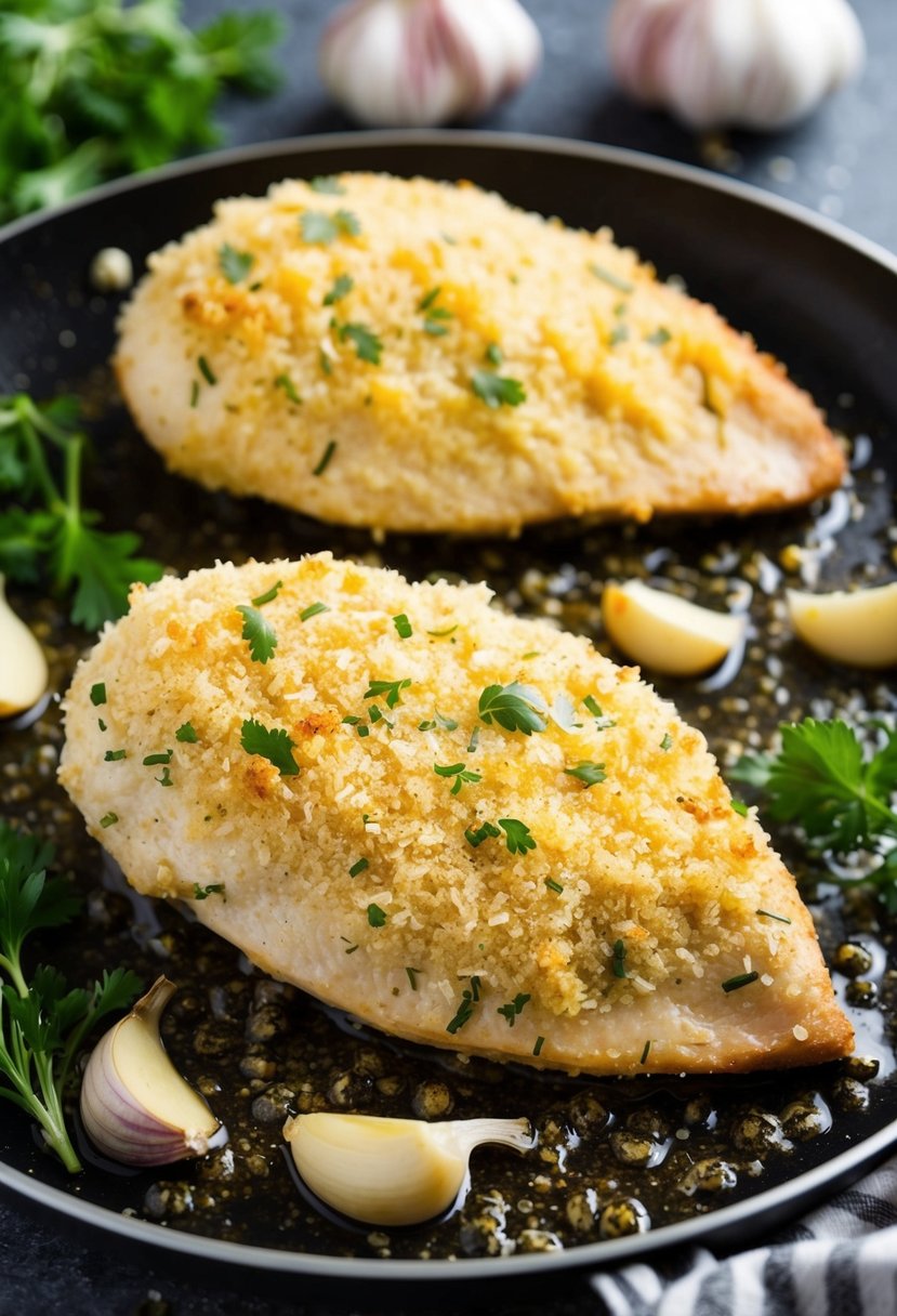 A sizzling garlic chicken breast coated in parmesan and bread crumbs, surrounded by fresh herbs and garlic cloves