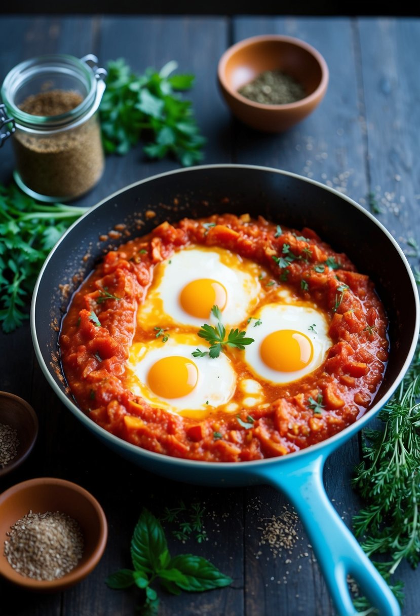 A colorful skillet with bubbling tomato sauce and eggs, surrounded by fresh herbs and spices