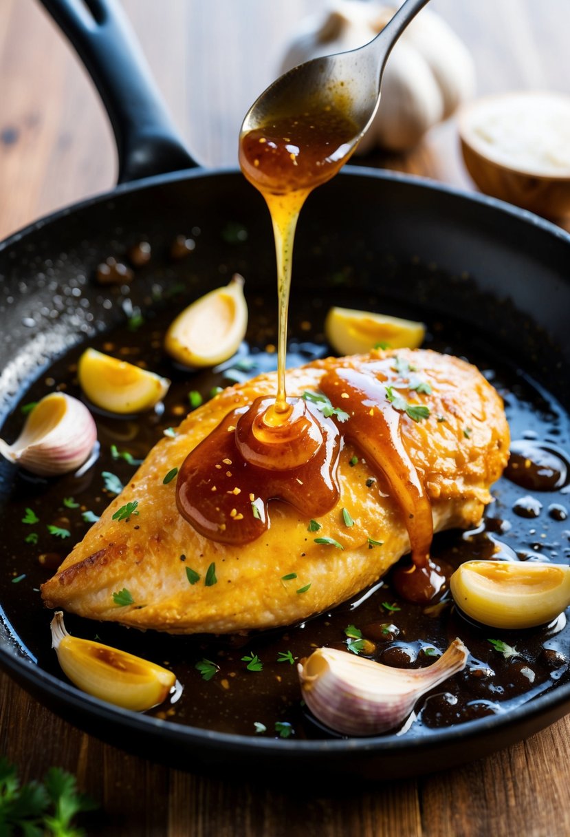 A sizzling honey garlic chicken breast in a skillet, surrounded by fresh garlic cloves and drizzled with a sticky, golden sauce