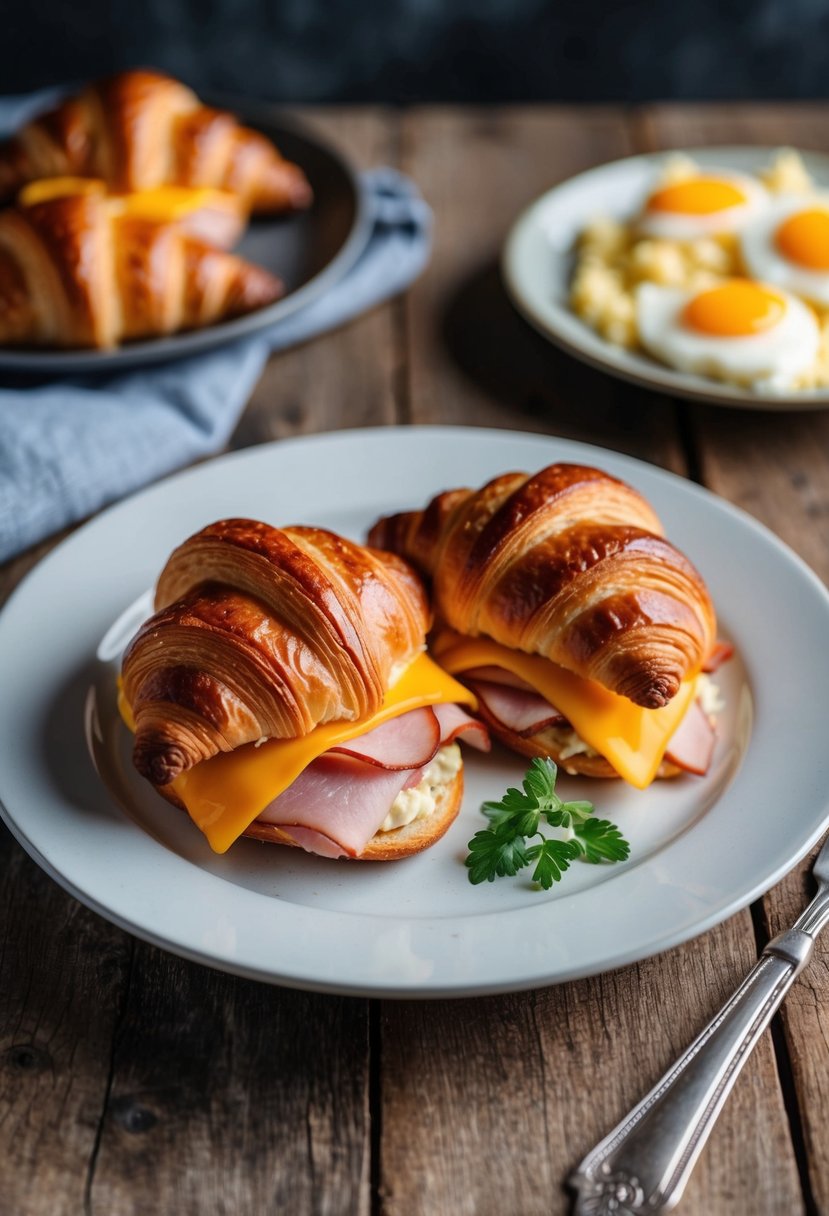 A plate of ham and cheese stuffed croissants with a side of scrambled eggs on a rustic wooden table