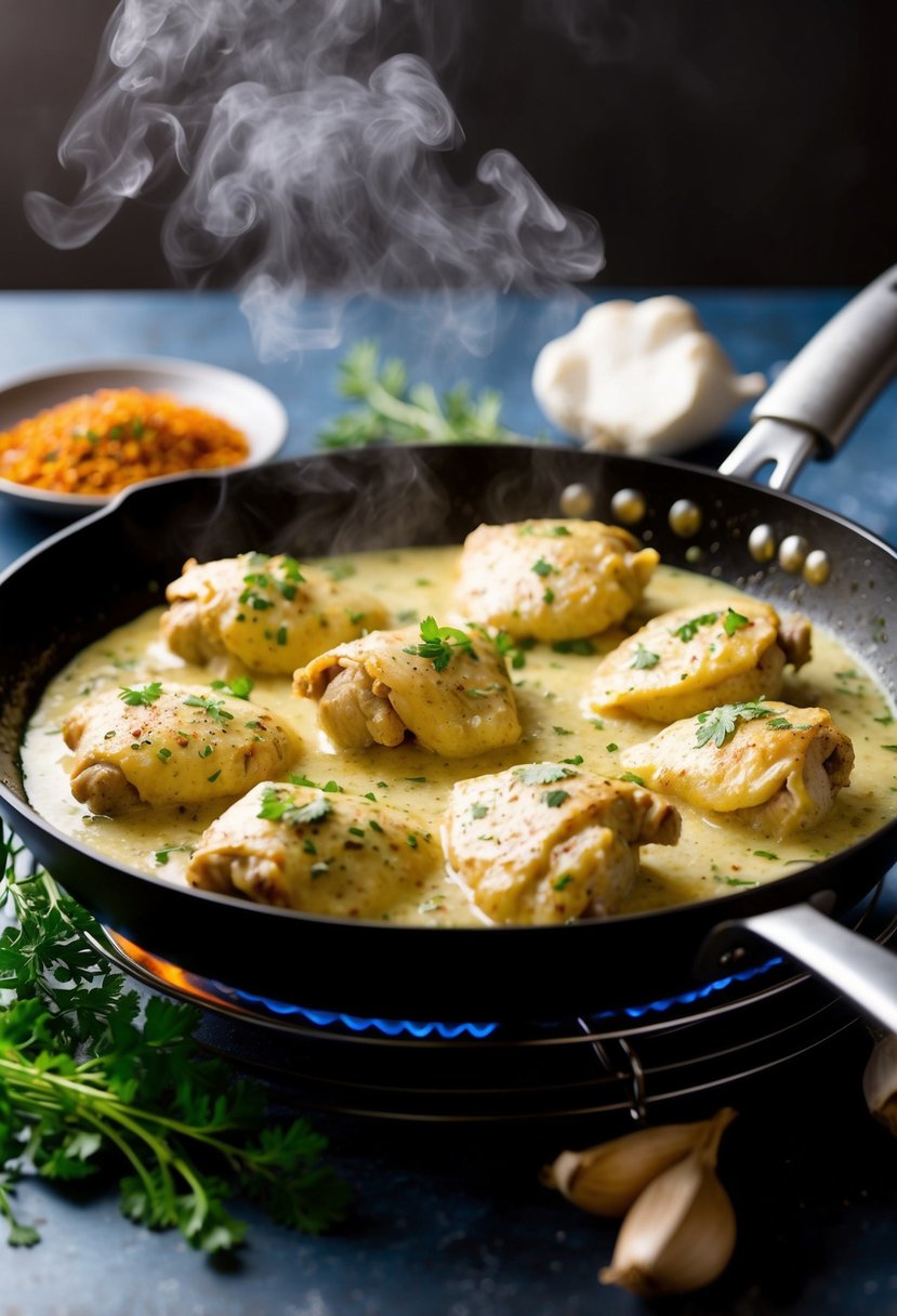 A sizzling skillet with creamy garlic chicken, surrounded by fresh herbs and spices, steaming and ready to serve