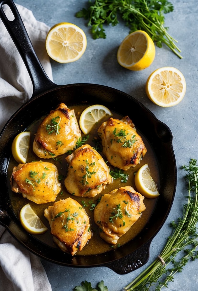 A sizzling skillet with caramelized garlic chicken, surrounded by fresh herbs and lemon slices