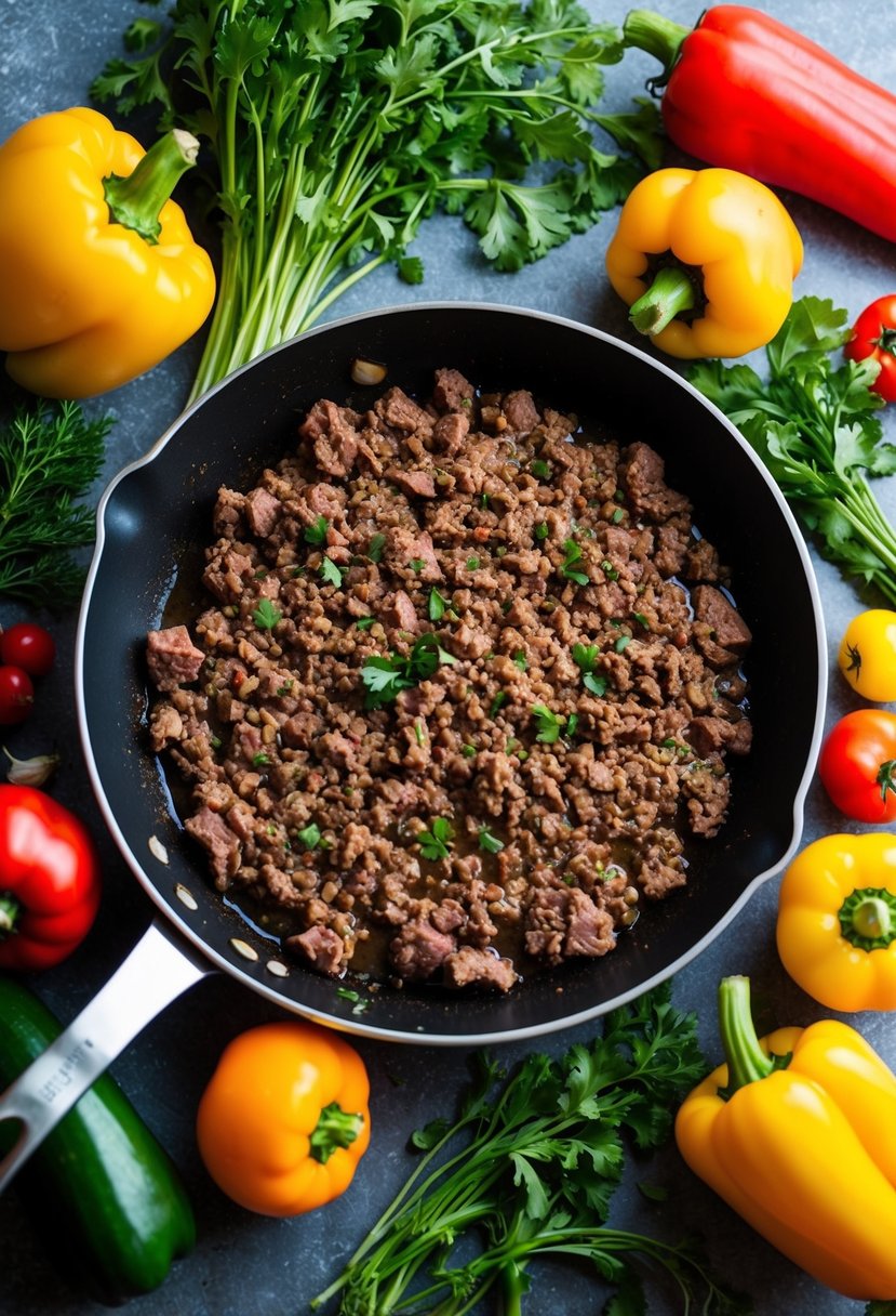 A sizzling skillet of ground beef surrounded by colorful low-carb vegetables and herbs, ready to be turned into a delicious and healthy meal